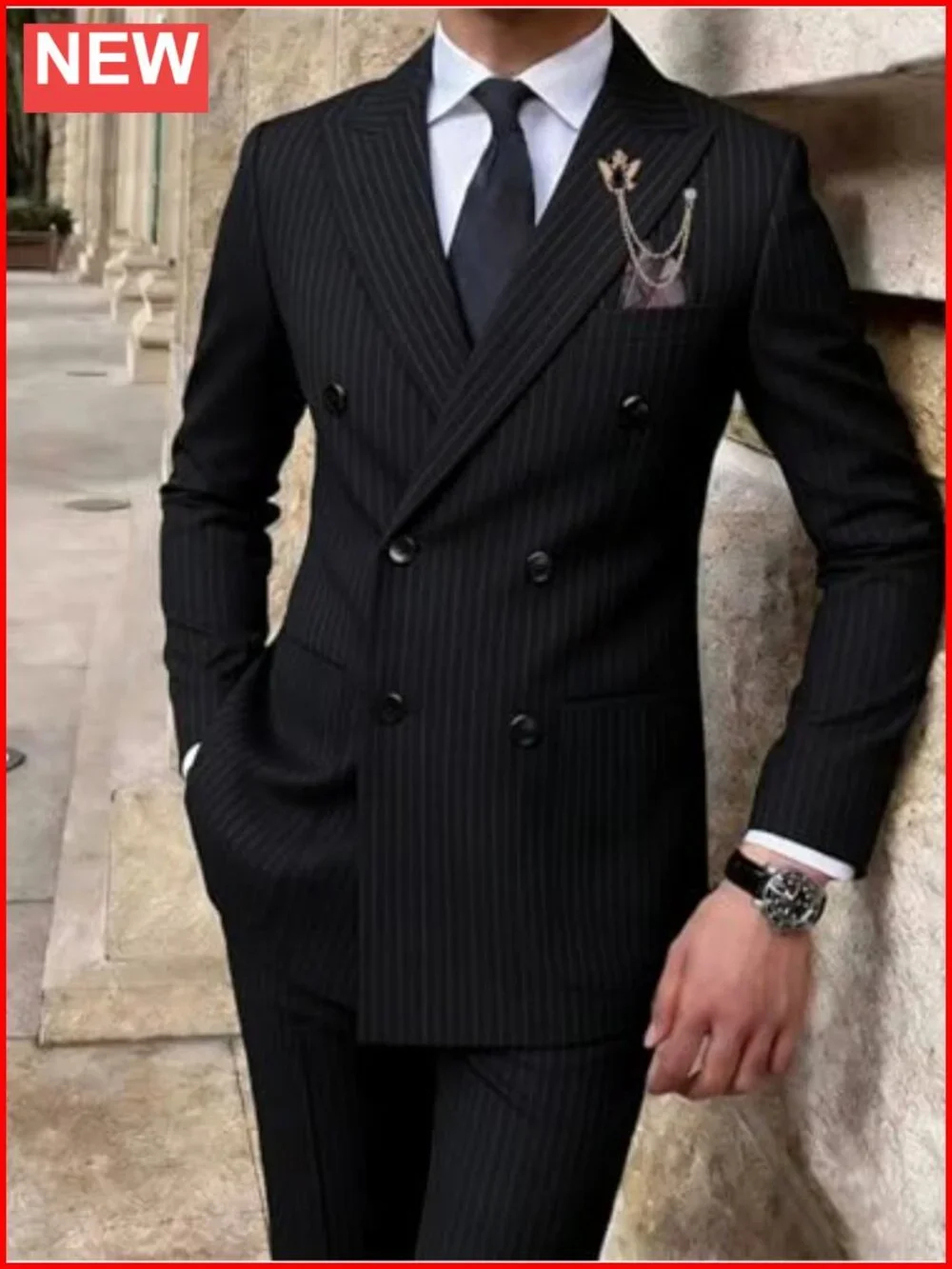 Men's Pinstripe Slim Fit Suit Double-Breasted 2-Piece Set Formal Wedding